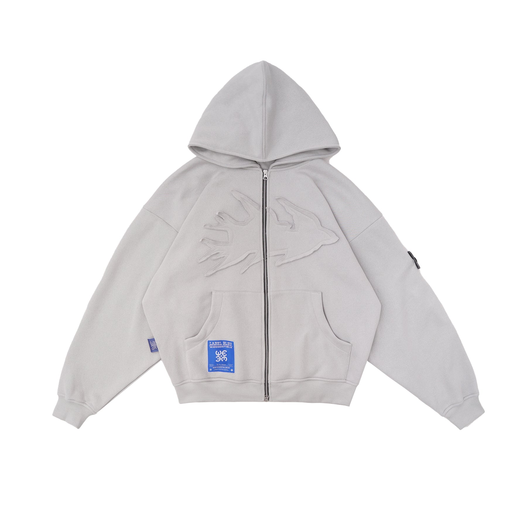 W.Essentiels Label Bleu Affinity Hirondelle Oversize Raw Embroidered Zip Hoodie Pewter Grey