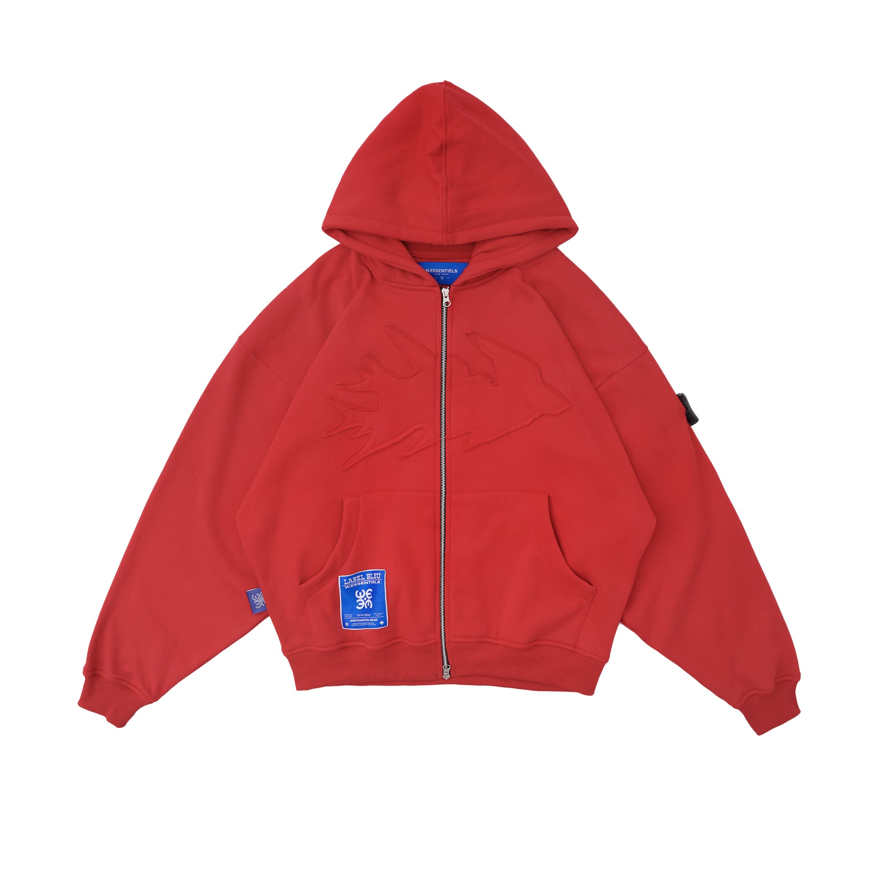 W.Essentiels Label Bleu Affinity Hirondelle Oversize Raw Embroidered Zip Hoodie Crimson Red