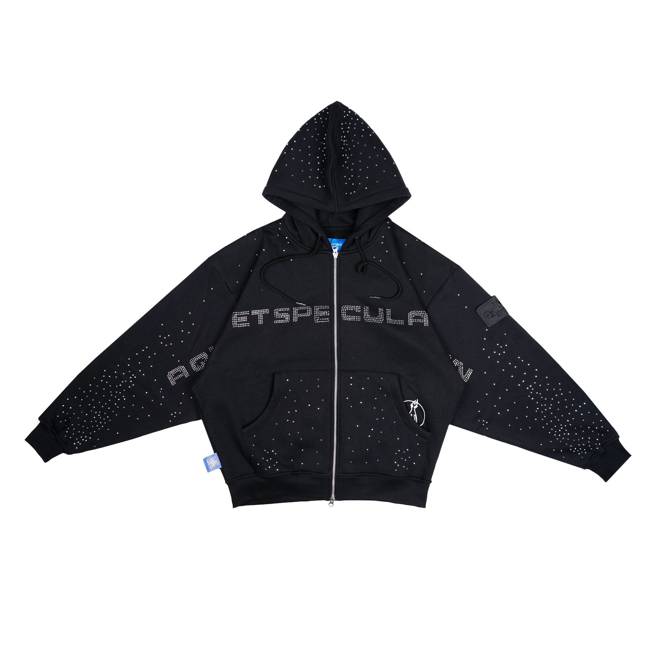 W.ESSENTIELS x Swain Mahisa A Quiet Speculation Oversize Zip Hoodie with Rhinestones Noir Black