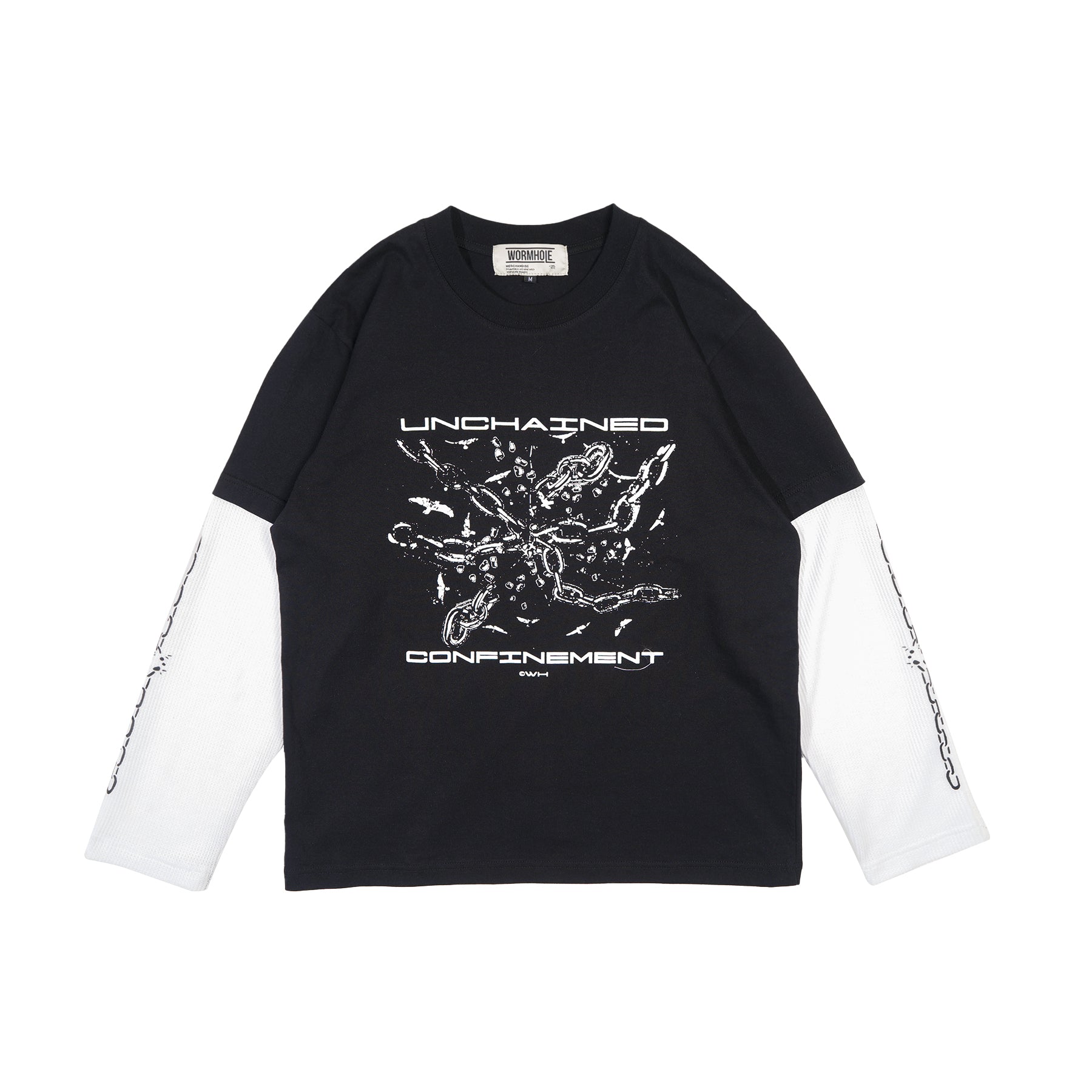 Wormhole Solitary Chain Double Layer Long sleeve Tee Black/White